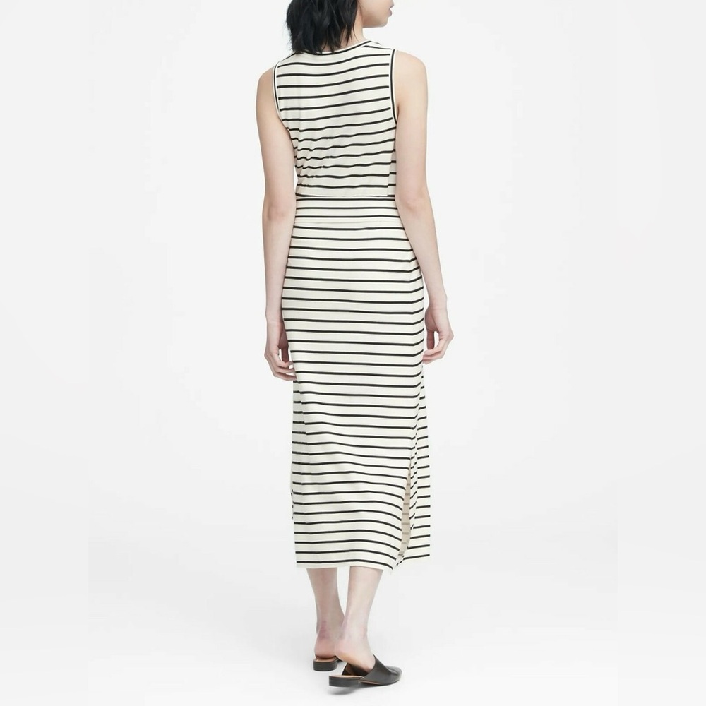 Banana Republic Striped Midi Dress Tie Waist Side Slit Size M Striped Tie Belt - Picture 2 of 8